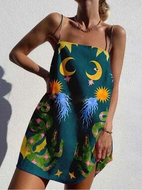 Celestial Moon Sun Crocodile Snake Printed Mini Slip Dress Green Linen Blend M